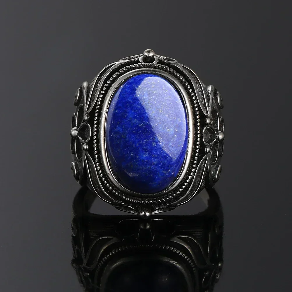 925 Sterling Silver Oval Natural Lapis Lazuli Ring for Women Men Gift Vintage Jewelry Large Ring