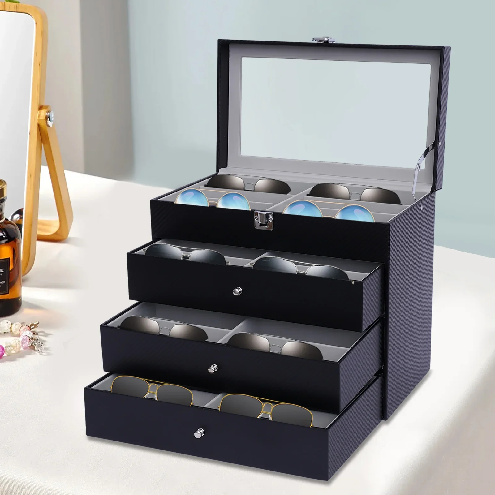 4단 블랙 선글라스 진열 케이스, 남녀 공용 PU 가죽 안경 보관함 (24 슬롯)