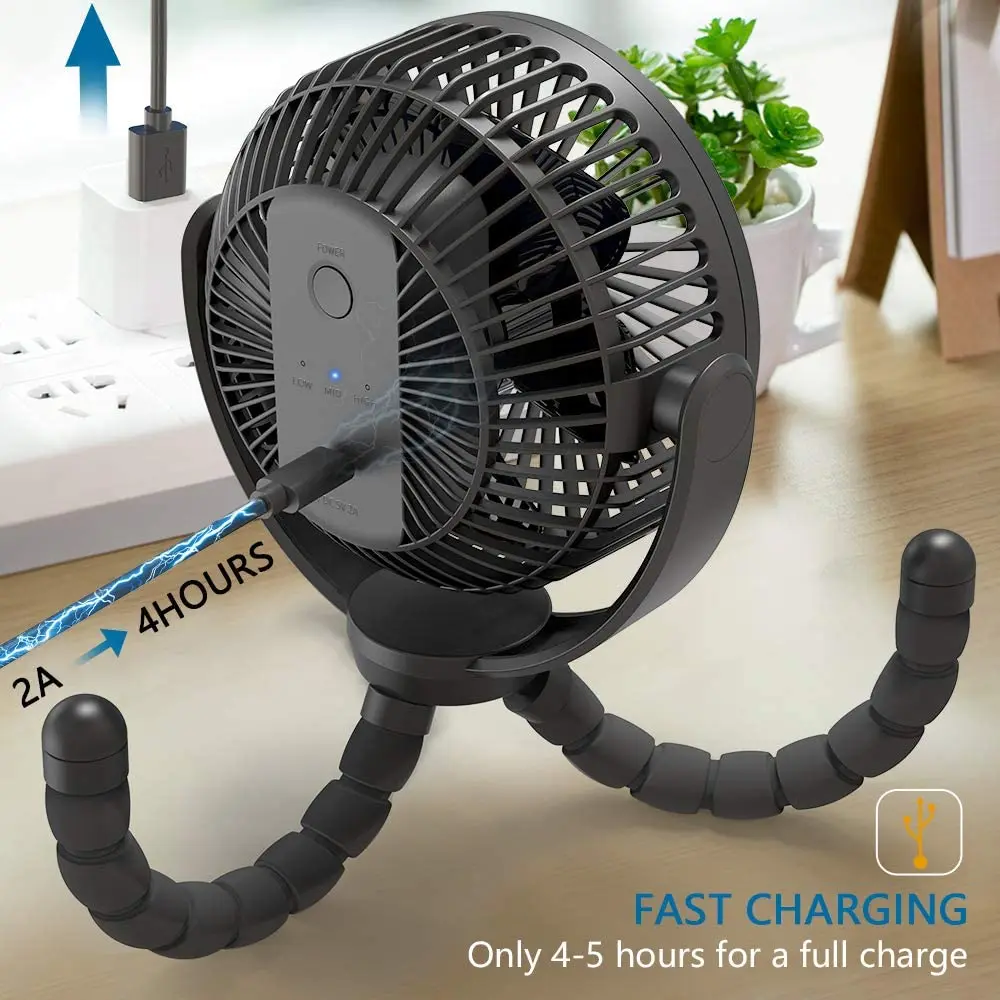 Super Quiet 3 Speed 360 Degree Rotatable 5000mAh USB Rechargeable Battery Powered Clip Fan with Flexible Tripod