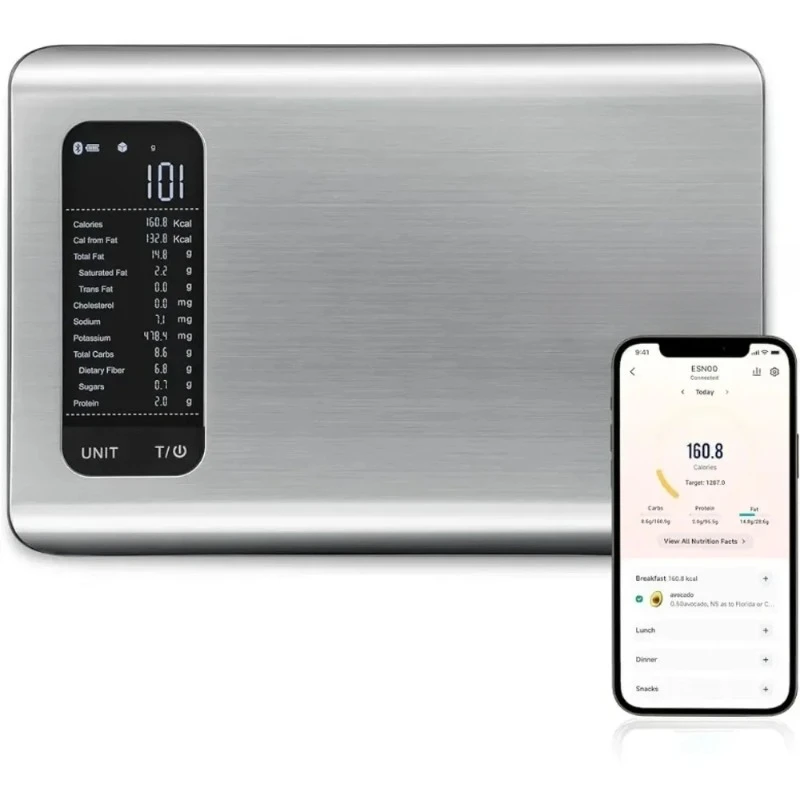 Food Kitchen Scale, Digital Grams and Ounces for Weight Loss With Smart Nutrition App, 19 Facts TrackingStainless Steel