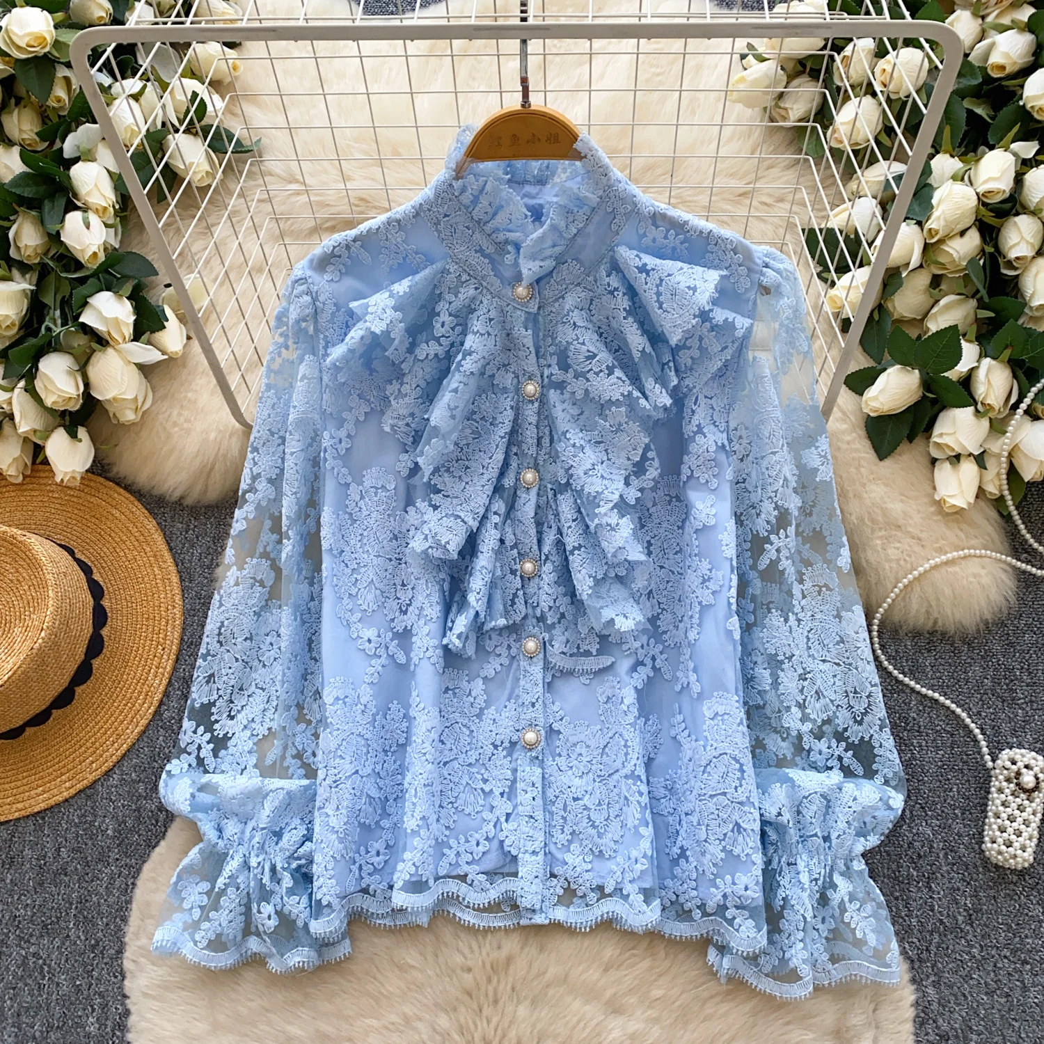 

Vintage Elegant Long Sleeve Embroidered mesh Chic Top Korean Streetwear High Street Autumn Basics T-Shirts