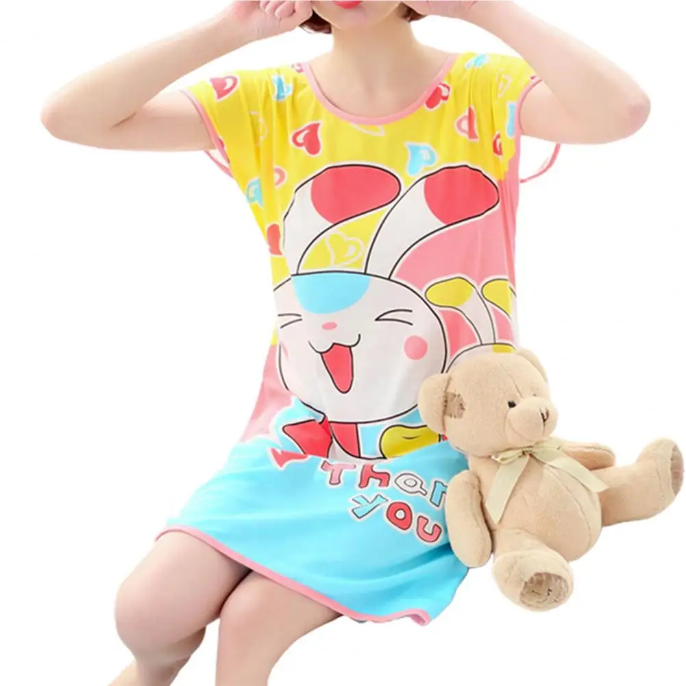 Loose Nightdress Cartoon Pattern Cute Female Round Neck Nighty Dress for Bedroom Sleeping Worn Outside