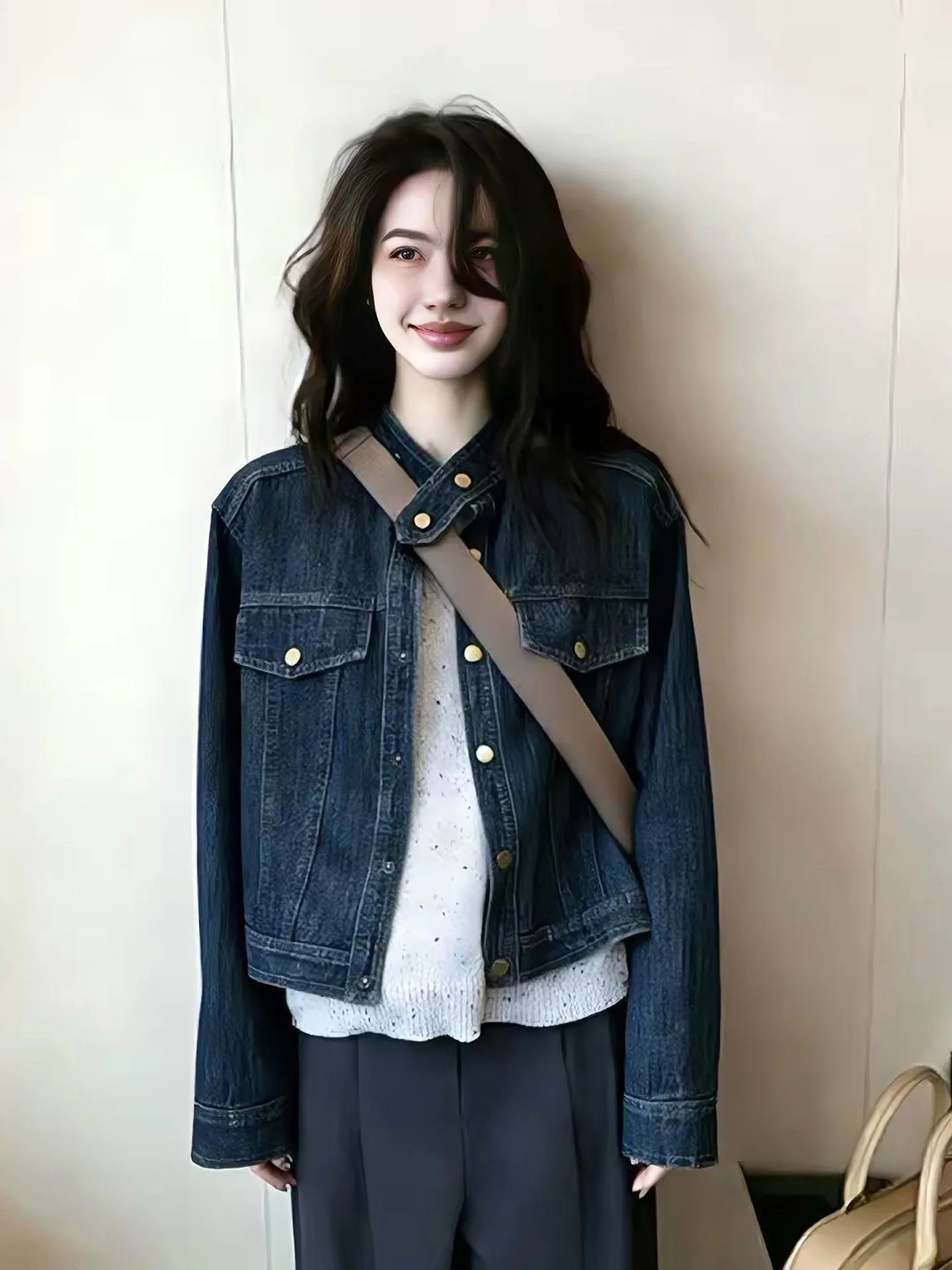 Blue Grey Denim Jacket Women's Fashion Retro Style Standard Fit Long Sleeve Button Pocket Detail Casual Top Age Reversing Trendy