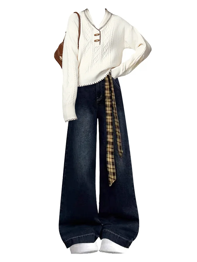 Koreański sweter z dzianiny na zimę, spodnie z szerokimi nogawkami i wysokim stanem, dwuczęściowy zestaw, luźny krój, modna odzież damska.