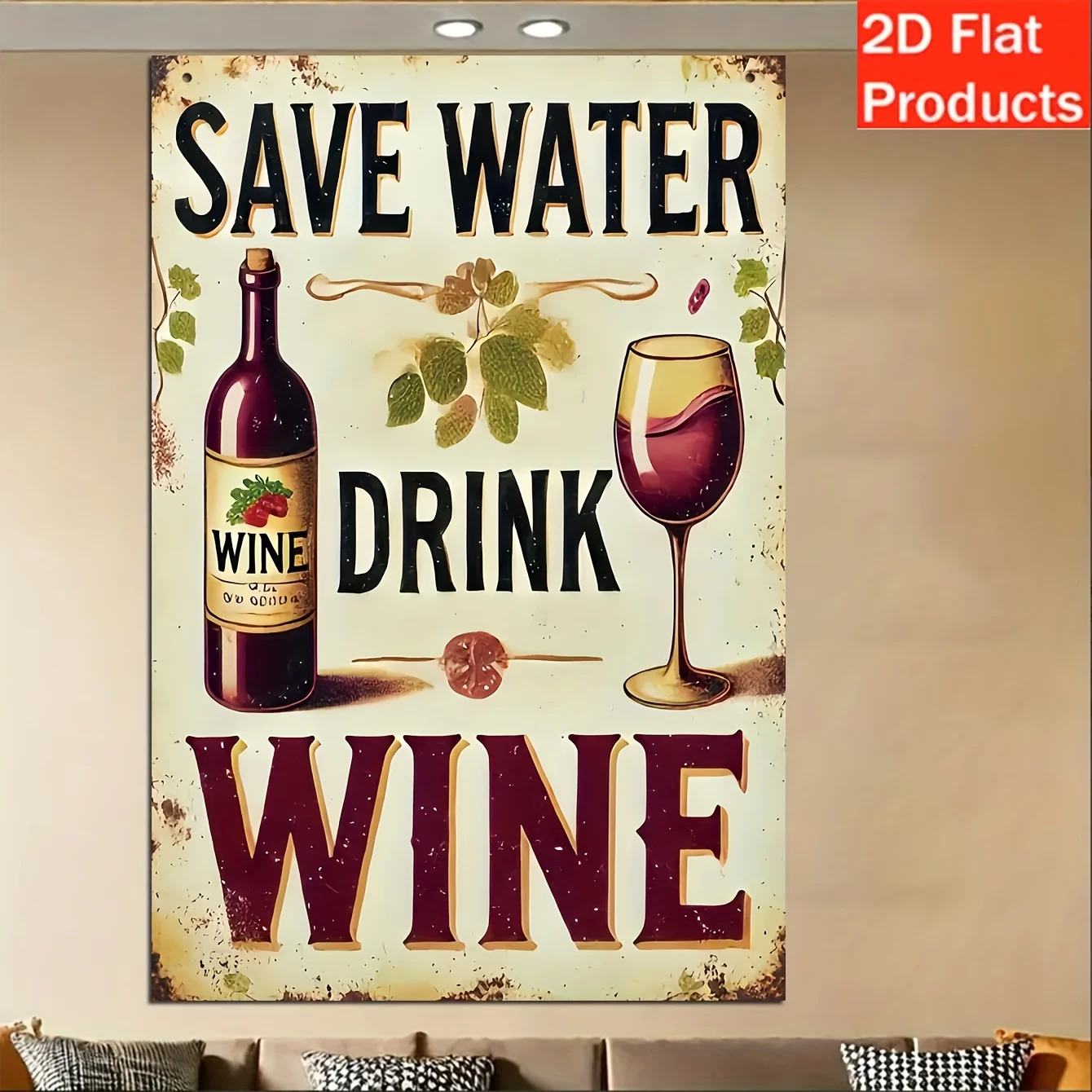 Letrero Decorativo Retro Vintage de Vino, Divertido y Económico, para Ahorrar Agua, Bebe Vino, Botella de Vino, Uva, Fiesta del Vino, Regalo, Arte Mural