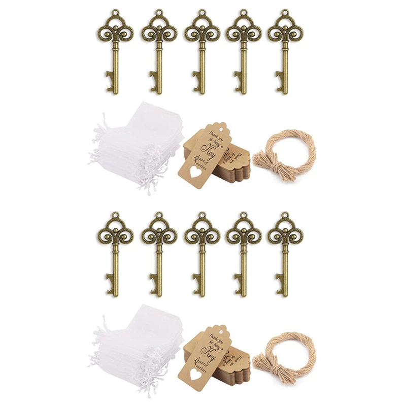 

100Pcs Rustic Vintage Skeleton Key Bottle Opener With Tag Cards Sheer Bag For Guests Wedding Party Favors Souvenir Gifts