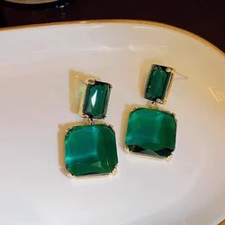 Green Earrings White Glass Rhinestone Square Big Wedding Earrings Bridal Engagement Charm Jewelry Women's Accessories