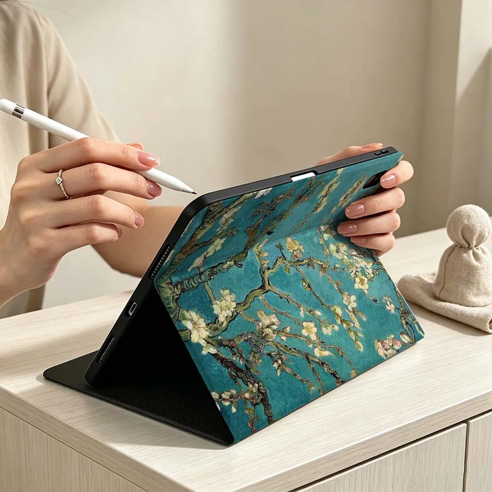 Almond Blossom Van Gogh Soft Pen Tray Tablet Case For iPad Pro Air mini 7 6 5 4 3 2 1 M5 M4 M3 11th 10th A17 Pro A16 A14