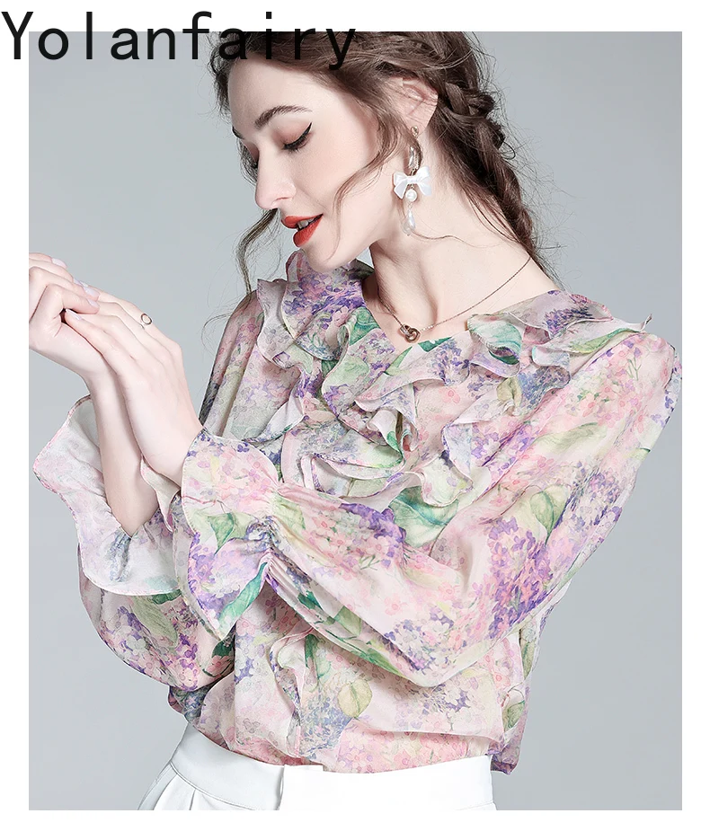 YOLANFAIRY Elegant Ruffle Blouse Women's Clothing Vintage Shirts Dames Beautiful 100% Mulberry Silk Floral Blouses Woman Tops
