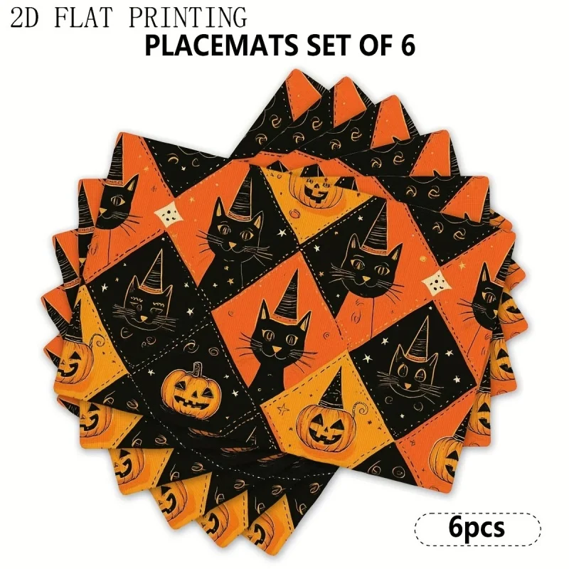 Halloween Ghost Pumpkin Placemats, Bat Autumn Scenery Printed Linen Table Mats, Spooky Holiday Table Decor