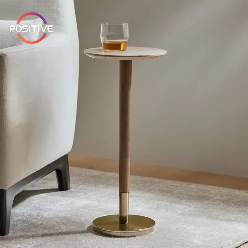 Mid-Century Modern Walnut Colour Solid Wood Side Table Round Small End Table Minimalist Stainless Steel Base Side