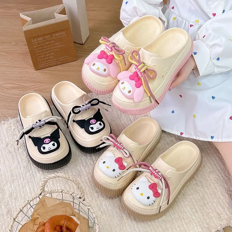 

Sanrio Hello Kitty Kuromi My Melody Cartoon Slippers Spring Summer New Two Tone Lace Up Hole Shoes Harajuku Versatile Slippers