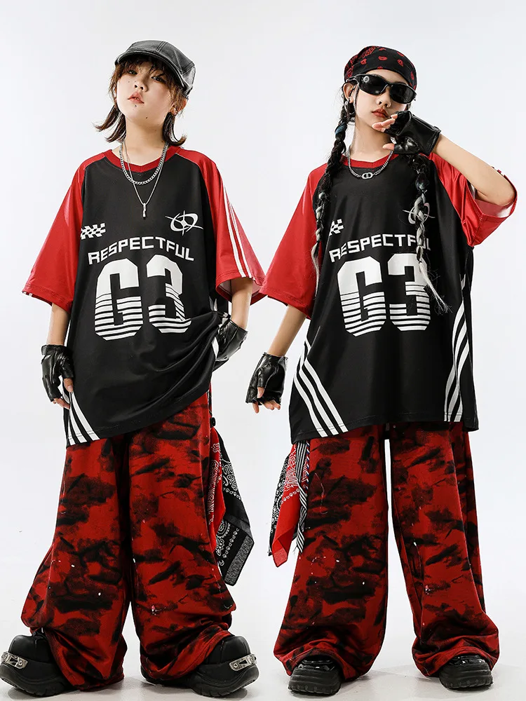 Kid Hip Hop Kleidung Set Jungen Street Dance Kostüm Mädchen Jazz Modern Dance Anzug Kontrast Farbe T-shirt Schwarz-rote Hosen