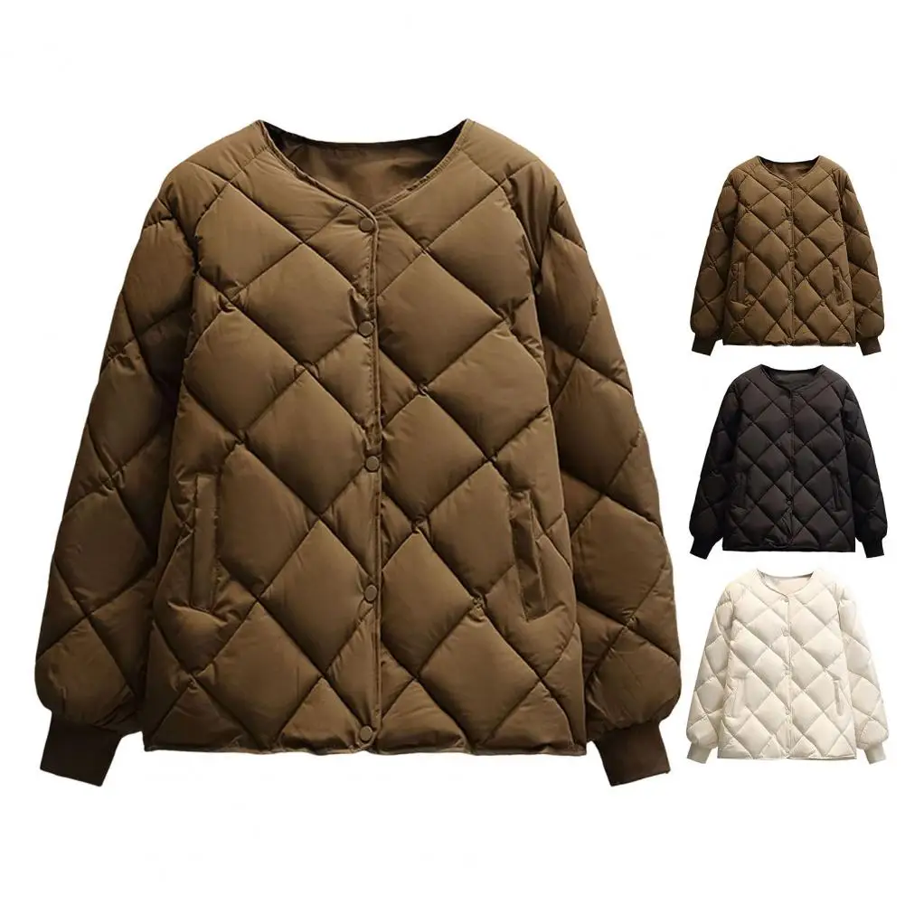 1pc elastische Manschette Frauen Winter Daunen mantel Raute Textur Nähte Wintermantel dicke gepolsterte Taschen Einreiher Lady Jacke