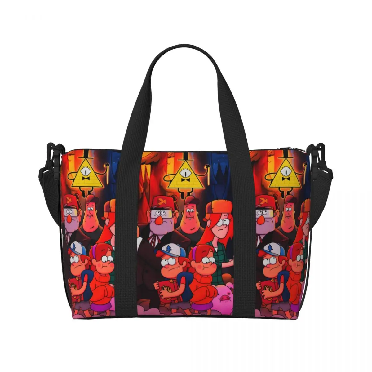 

Custom Gravity Falls Beach Tote Bag for Women Extra Large Gym Carry On Comedy Anime Travel Shopping Bags