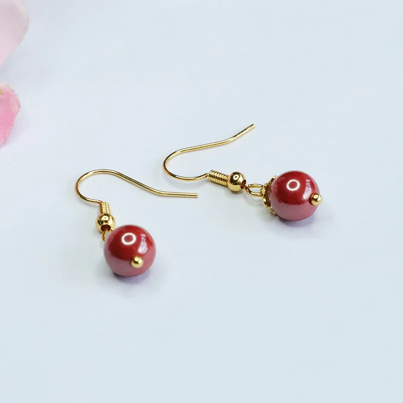 

Cinnabar earrings, imperial sand round bead earrings, ear hooks retro