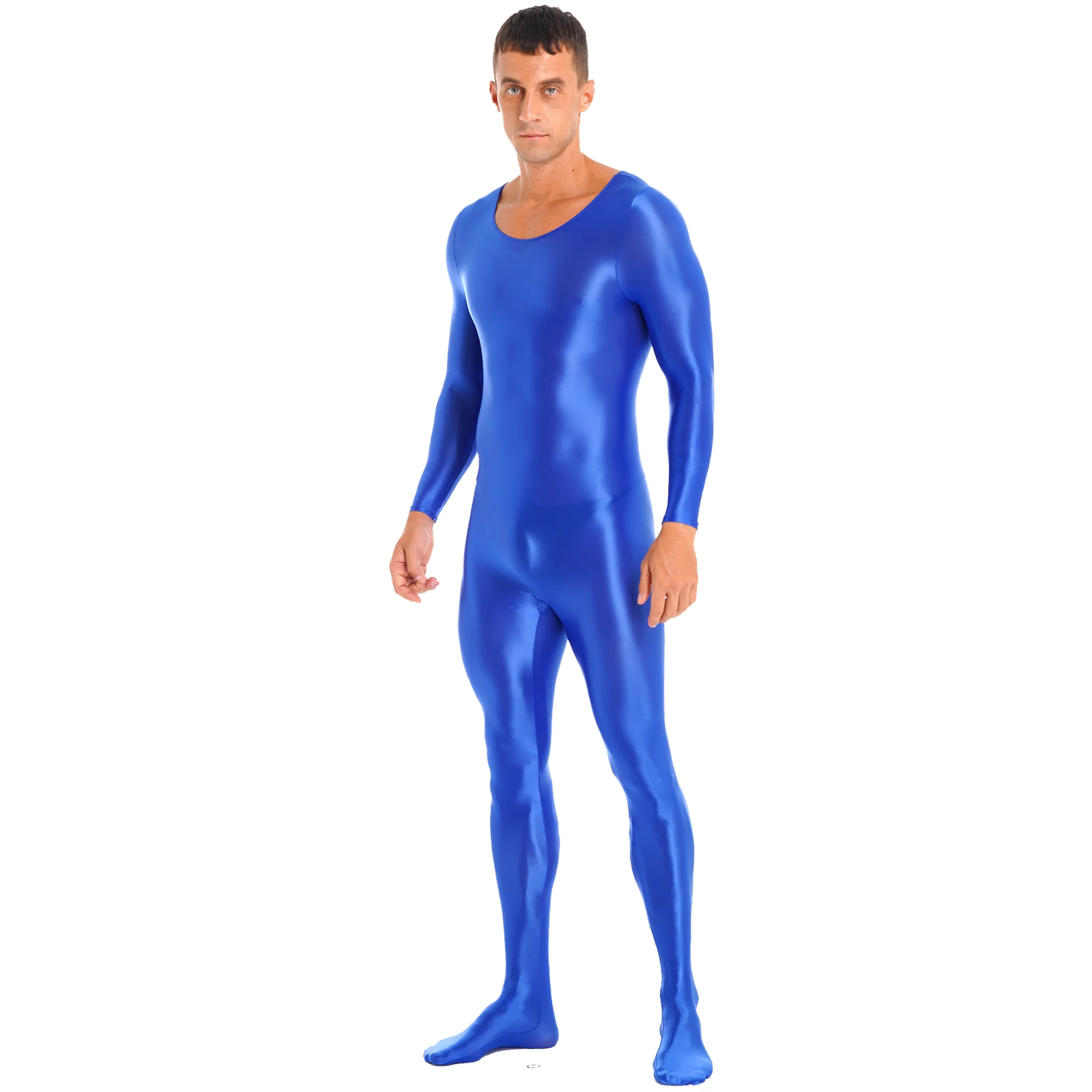 Mens Long Sleeve Glossy Bodystocking Solid Color Stretchy Bodysuit Party Nightclub Costume Clubwear Fitness Sportswear Nightwear