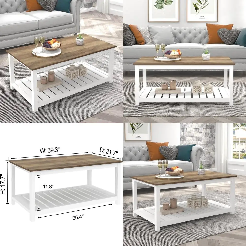 

Vintage Rustic White Farmhouse Coffee Table with Storage for Living Room