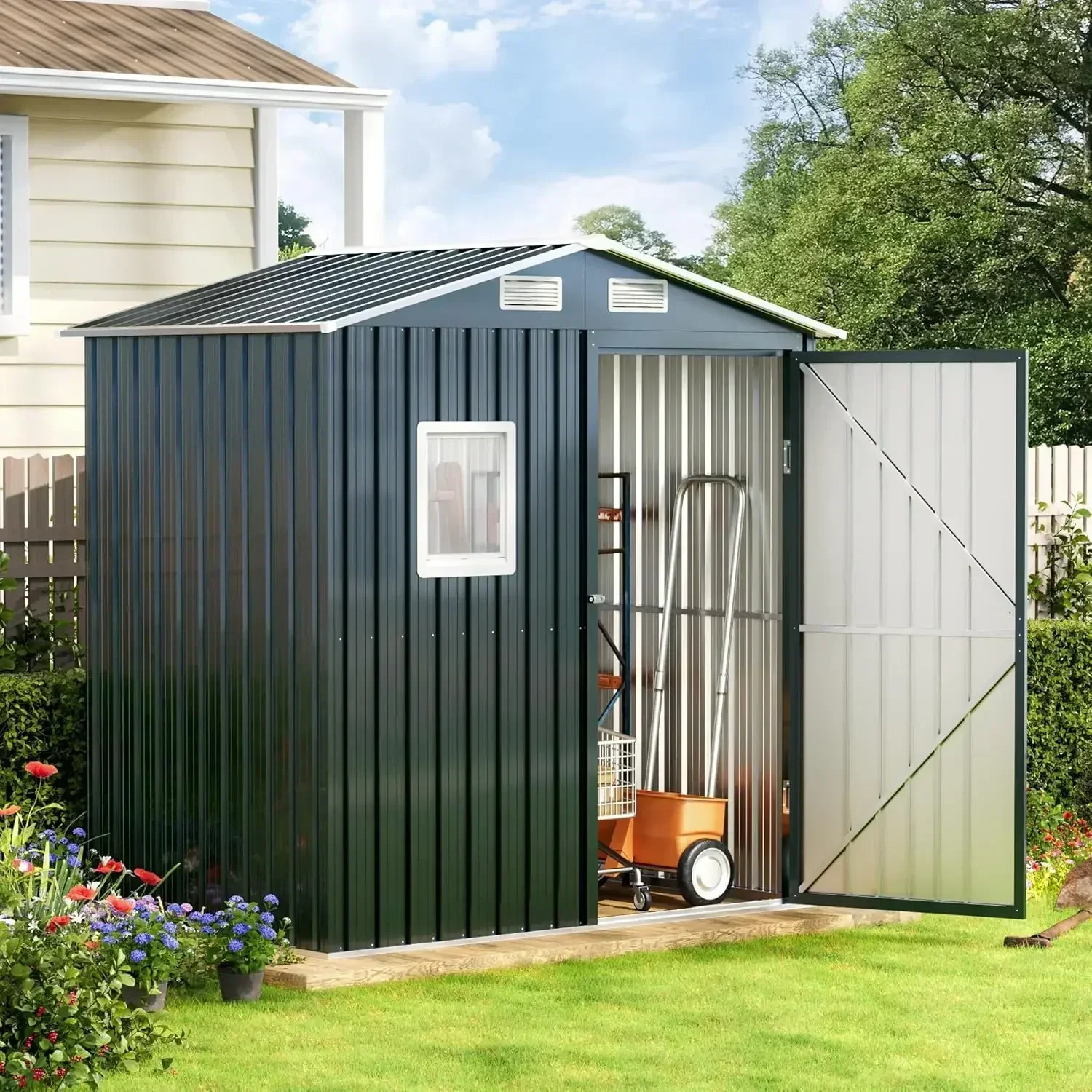 [Discounted Price, Hot Sale!]x4FT Outdoor Steel Storage Shed with Clear Window, Lockable Doors, Weather-Resistant Metal Tool She