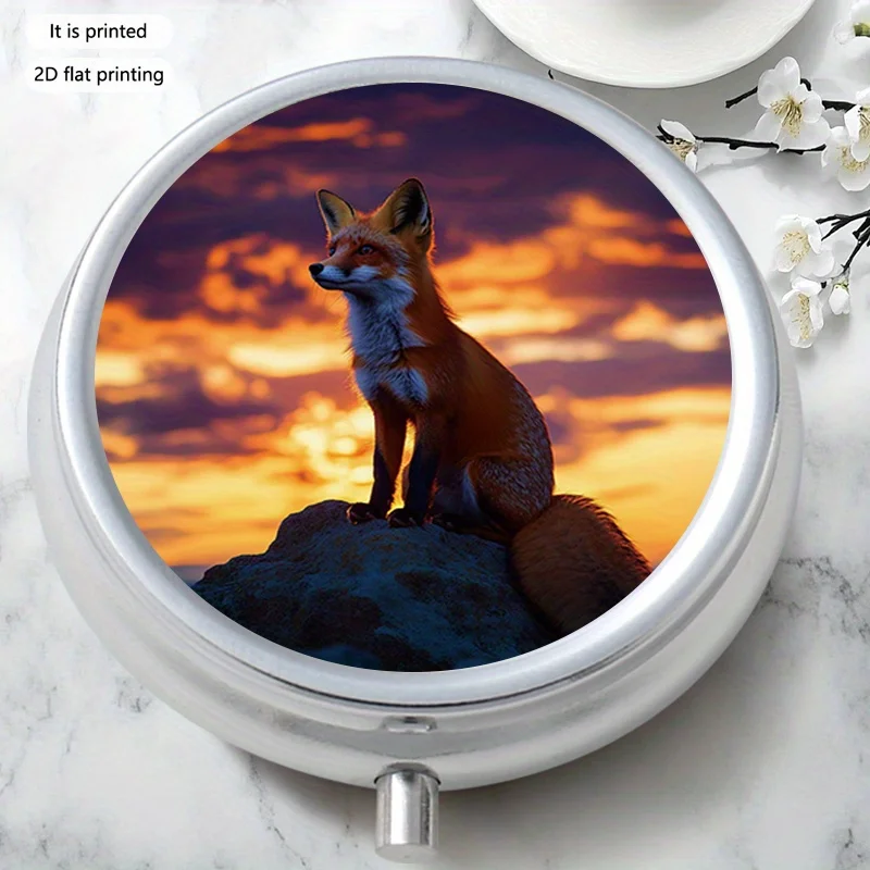 Fox-Patterned Round Sealed Box, Multifunctional Metal Box, 3-Compartment Storage Sealed Pill Box, Mini Portable Sealed Box for Travel, Outdoor Sports or Bag Use, Sealed Box for Vitamins with Multiple Compartments, Gift Collection Box, Printing Position May Vary, 【Flat Printing】