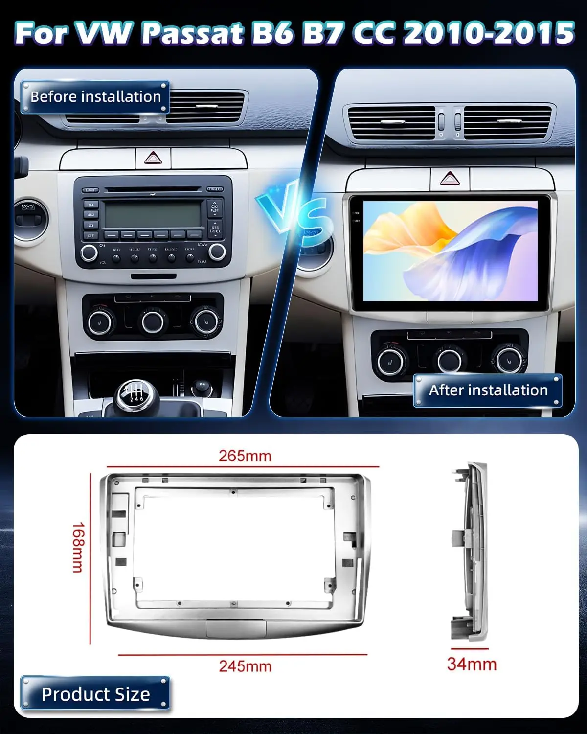 ستيريو سيارة 10 بوصة لسيارة VW Passat B6 B7/Magotan CC 2010-2015 - Android 15، 4G+64GB، CarPlay/Android Auto اللاسلكي، WiFi 5 جيجا هرتز، GPS