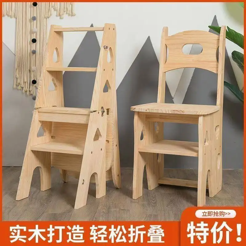 Solid Wood Foldable 2-in-1 Ladder Chair, Household Multifunctional Indoor Climbing Step Stool Also Used As Kids Study Desk Chair