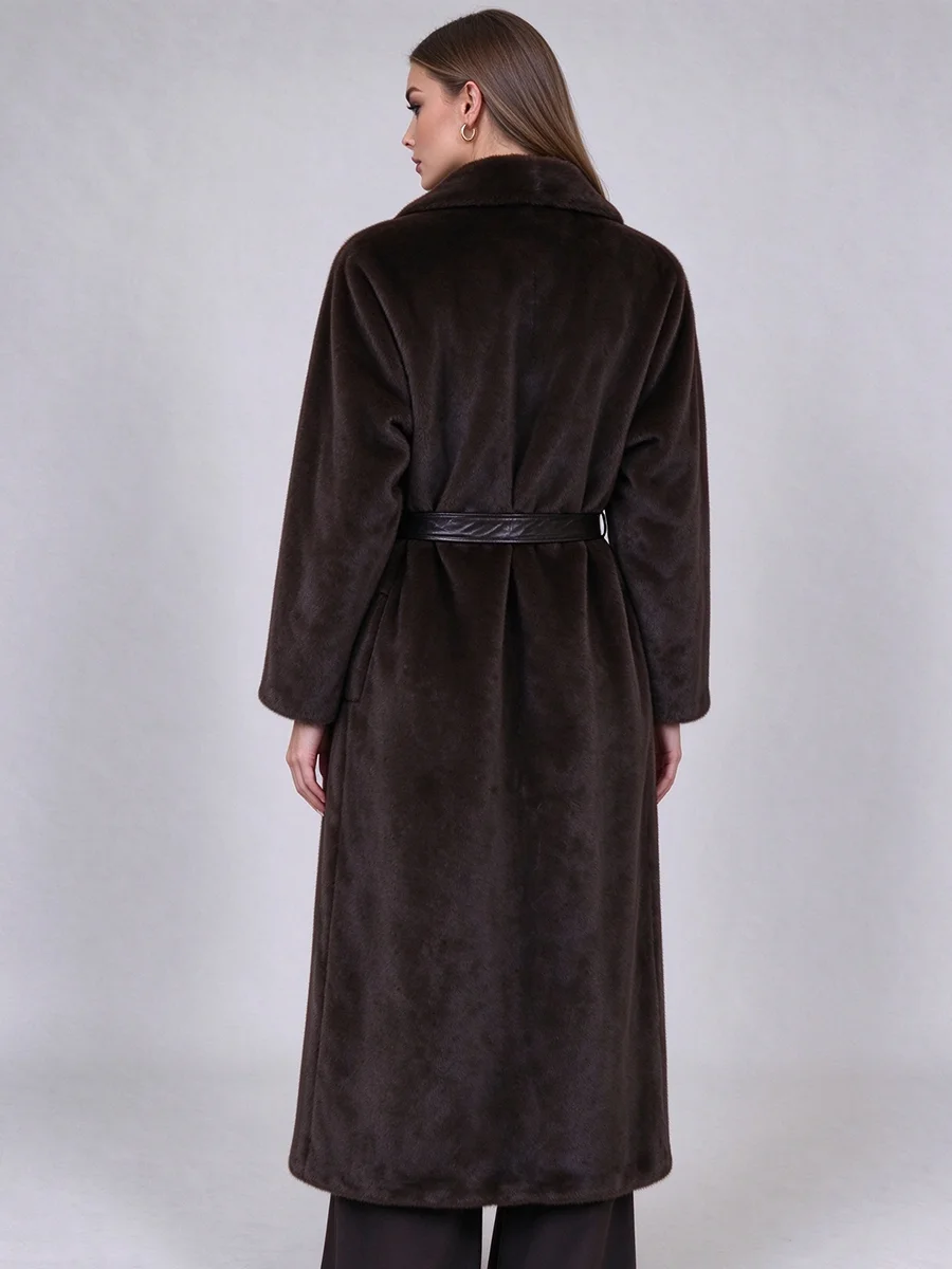 LIMO Women Long Faux Fur Coat Lapel Collar Belted Waist Warm Elegant Winter Maxi Outerwear