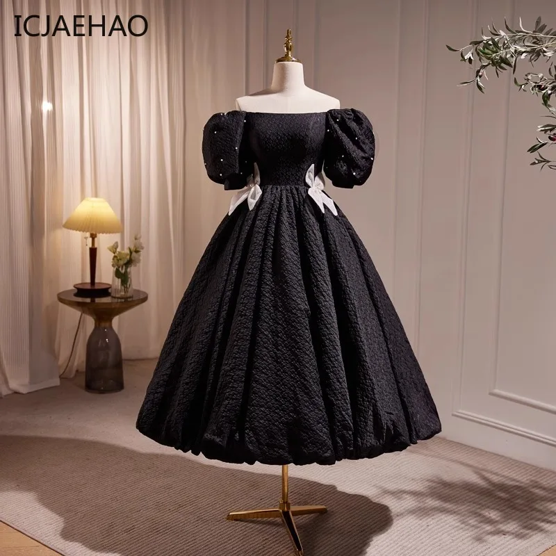 ICJAEHAO 2024 Children Vintage Black Princess Long Dress Elegant Off Shoulder Youth Girls High-End Luxury Kid Evening Dresses