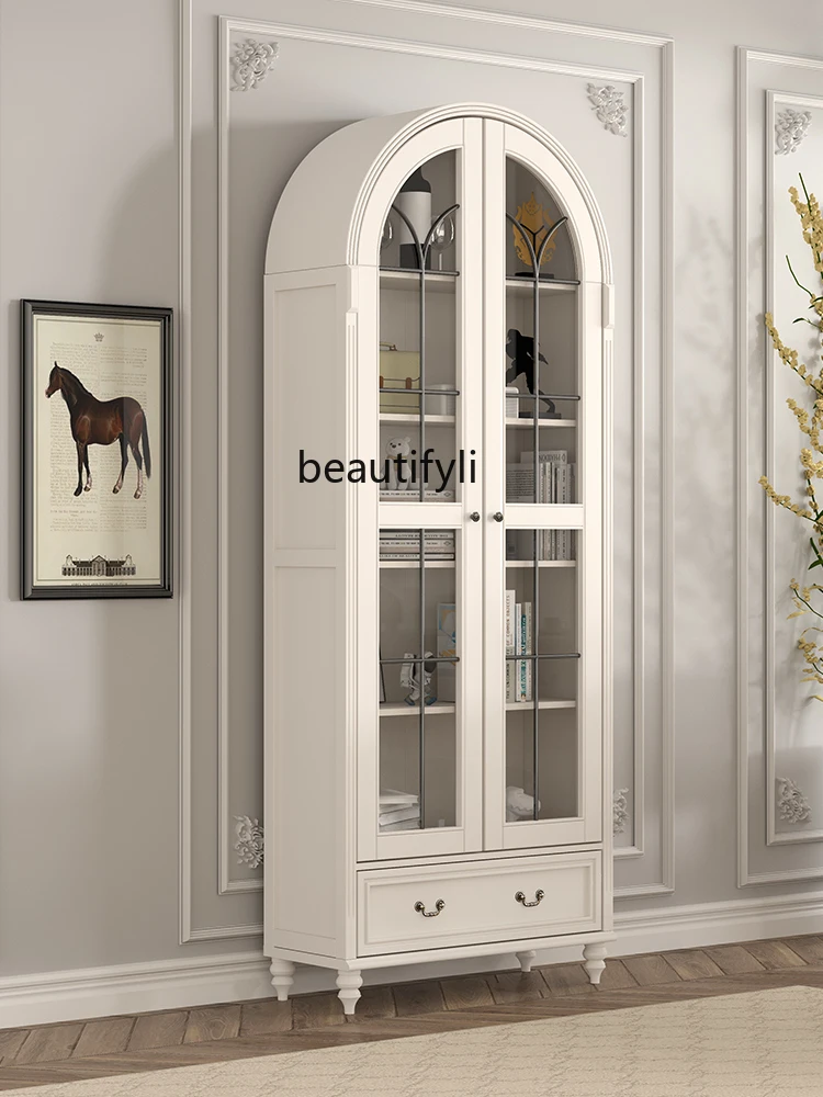 Solid Wood American Arch French Retro Glass Door with Door Dust-Proof Bookcase Wine Cabinet Storage Cabinet