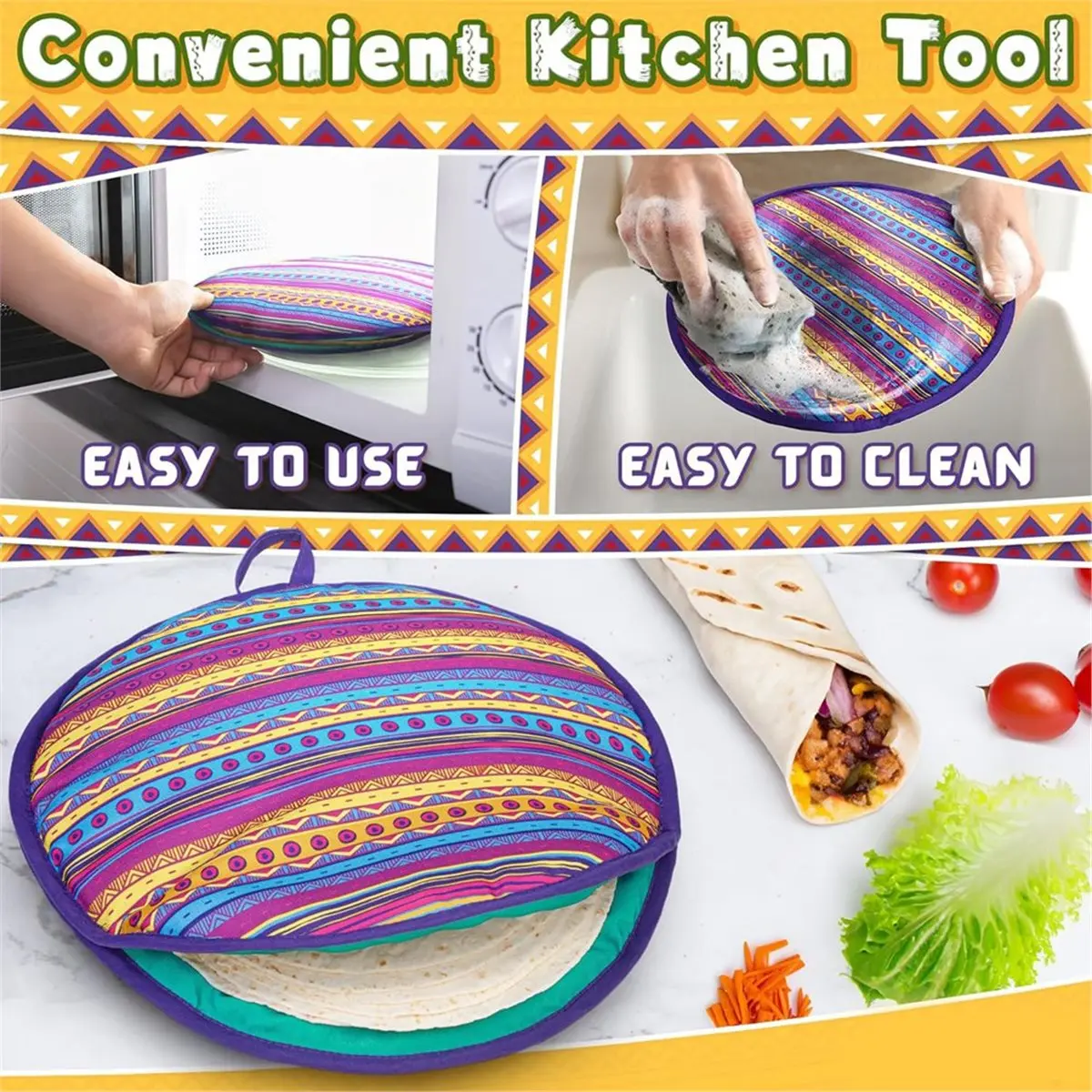 Tortilla Warmer Pouch (Multicolor, 12 Inch), Microwavable Fabric Tortilla Heater Pouch to Keep Tortillas Soft & Warm