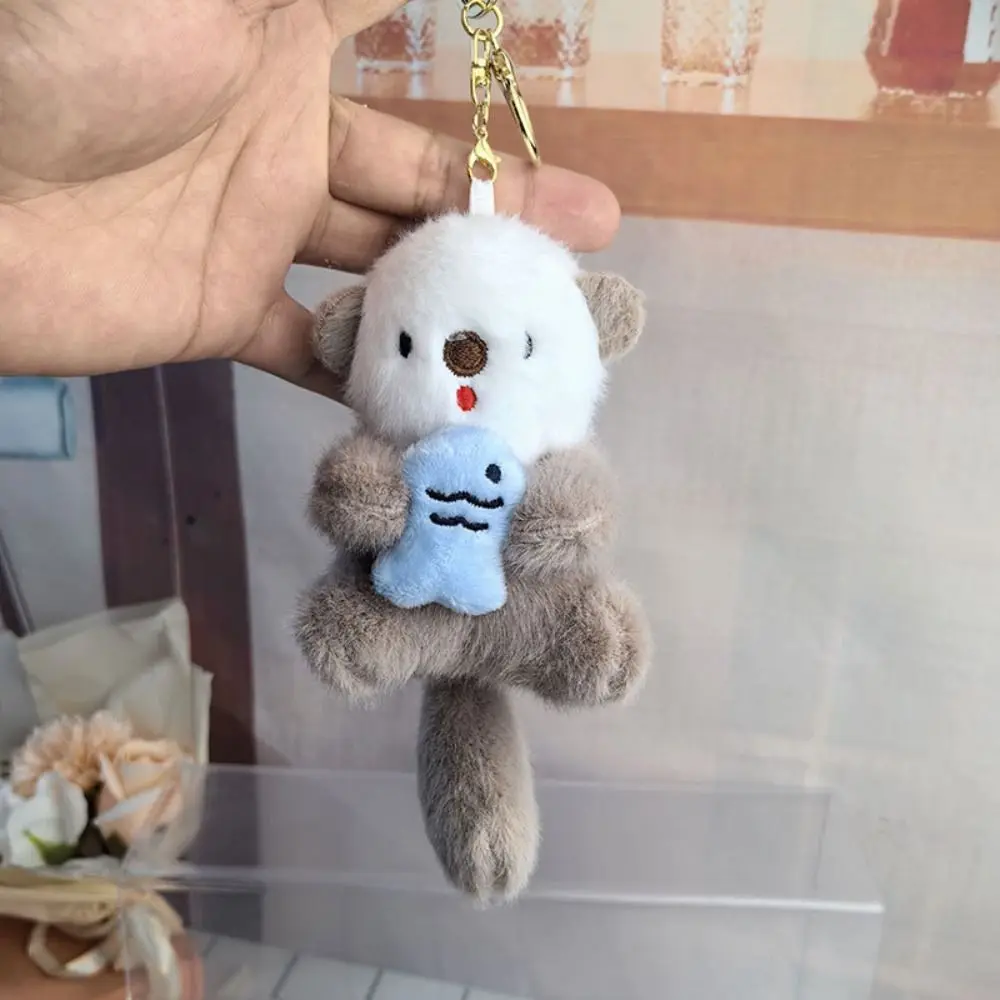 Decorations Holding Fish Cartoon Otter Keychain Fluffy Soft Plush Otter Bag Pendant Creative Stuffed Otter Plush Keyring Unisex