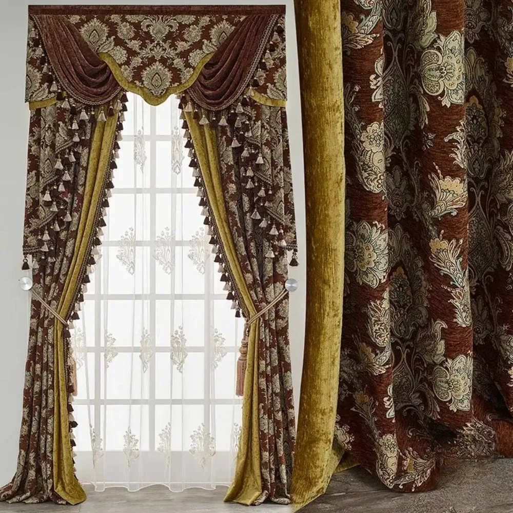 American European Printed Reddish Brown Gold Thickened Chenille Patched Curtains for Living Room Bedroom French Window Valance