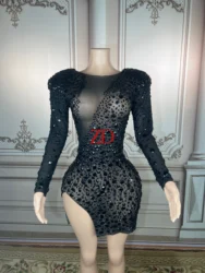 Black Crystals Pearls Sexy Mesh Dress Prom Evening Sexy Transparent Multicolor Rhinestones Costume Birthday plus size