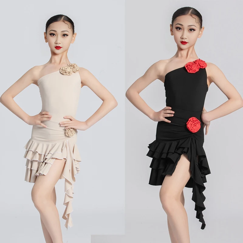 

Summer Oblique Shoulder Latin Dance Competition Dress Kids Performance Dancing Clothes Girls Samba Tango Dance Wear SL10291