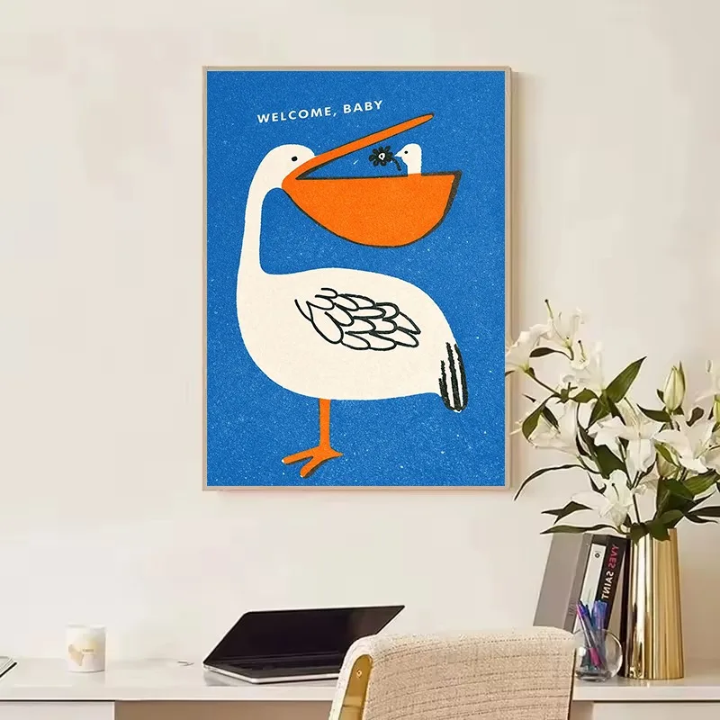 Retro 70s Abstract Geometric Line Funny Animals Humor Illustration Nordic Poster Canvas Painting Wall Art Pictures Home Deor