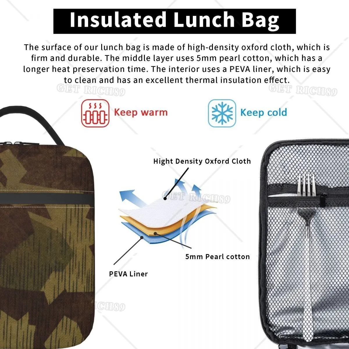 Camo Army Camouflage Thermal Insulated Lunch Bag for Womem Men Portable Reusable Lunch Container for School Outdoor Food Box