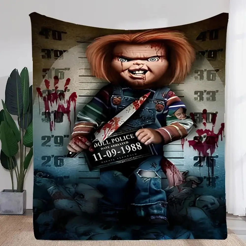 Chucky Horror Plush Blanket - Creepy Doll Inspired Blanket with Bloodstained Mugshot Design, Soft and Cozy Throw for Halloween D