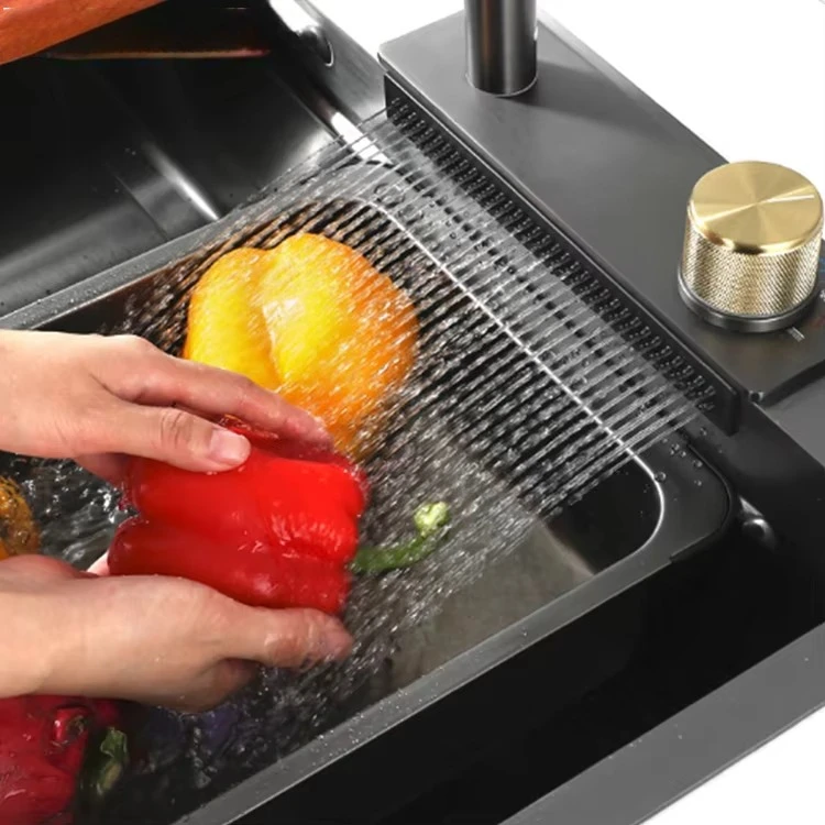 Factory Direct 2026 Kitchen Cabinet PVD Black Zink With Waterfall Kitchen Sink Stainless Steel 304 Dropped in Sink With Faucet