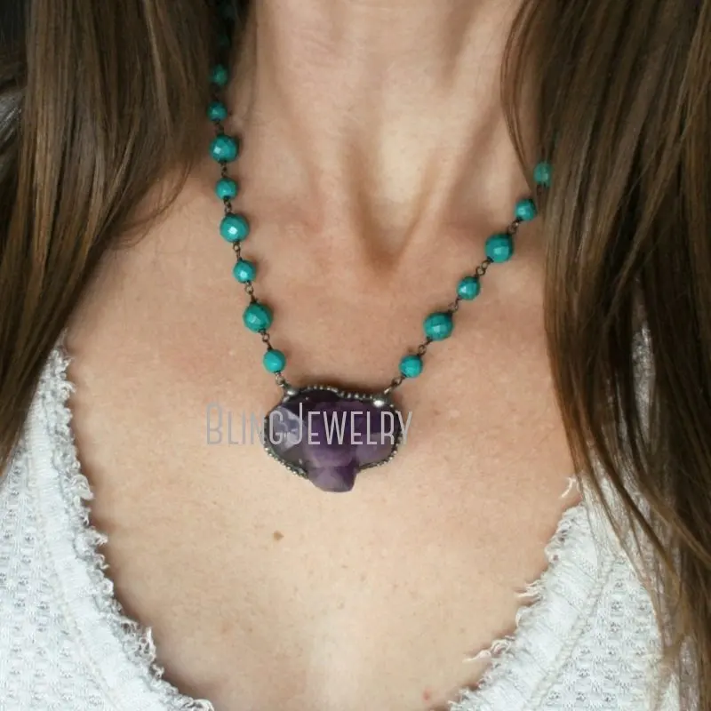 

NM43196 Amethyst Cluster Crystal and Genuine Turquoise Layering Statement Necklace