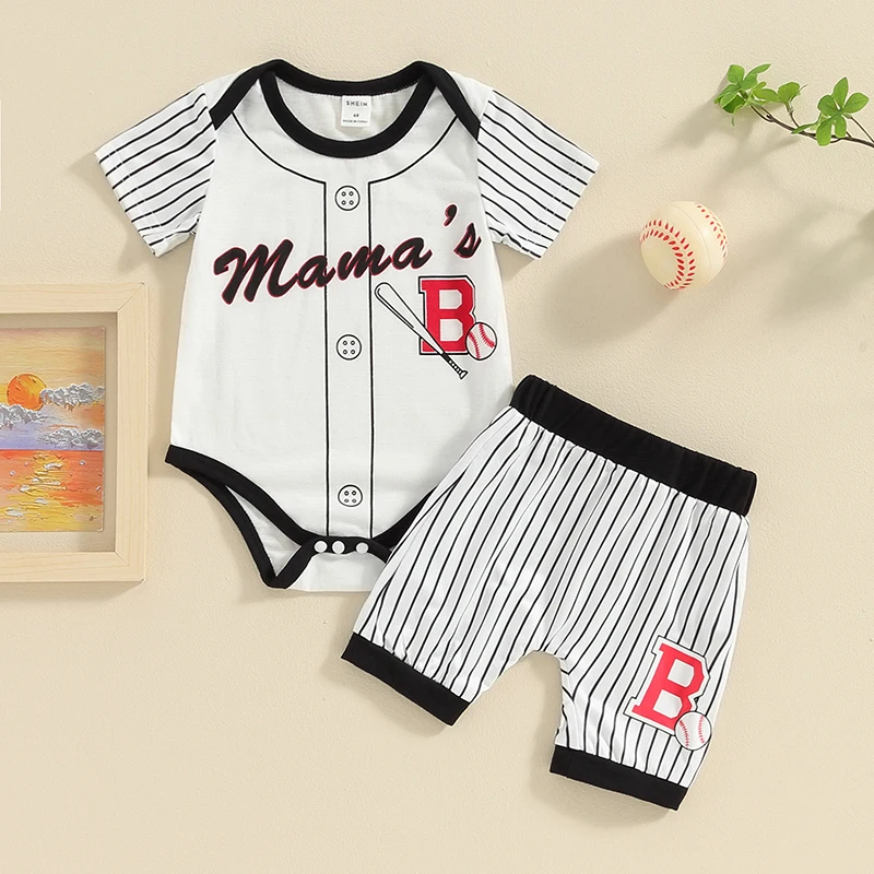 Boys Baseball Outfits Round Neck Short Sleeve Letter Print Romper Elastic Waist Shorts Infant Toddler 2 Piece Set