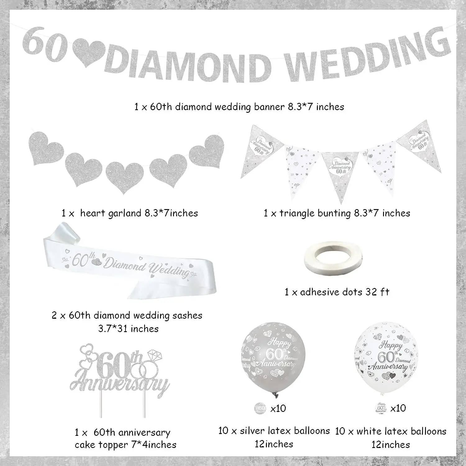 60th Wedding Anniversary Decorations Silver 60th Diamond Wedding Balloons Banner Sash for 60th Couple Anniversary Party Supplies