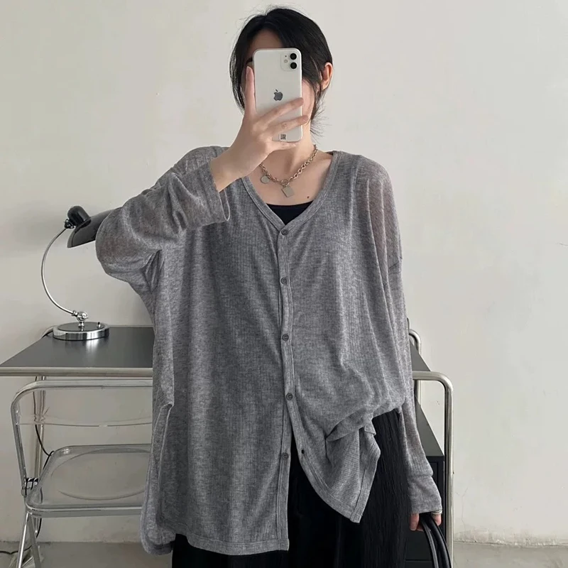 Women Thin V Neck Sun Protection Cardigan Loose Long Sleeve Casual Cover Up Lightweight Button Front Outerwear Street Shirts