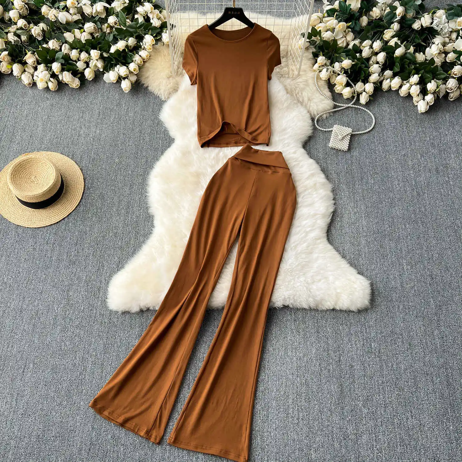 

Women's Clothing 2 Piece Set Sports Chic O Neck Short Sleeve T-shirt High Waisted Slim Flared Pants Crop Tops Trousers Suits New