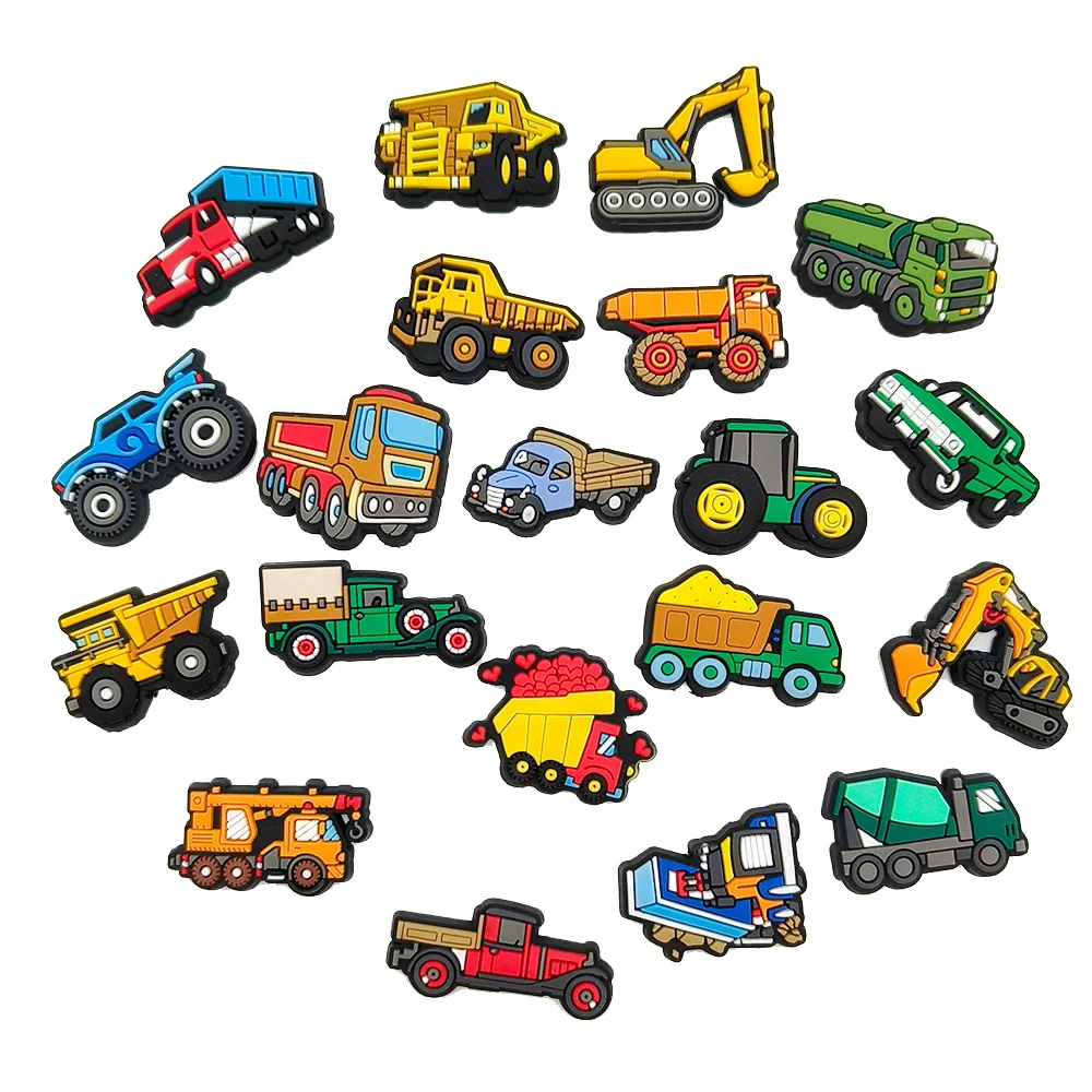 20Pcs Cartoon Construction Vehicle Series Shoe Charms for Clogs Bubble Slides Sandals PVC Shoe Decorations Accessories For Teens
