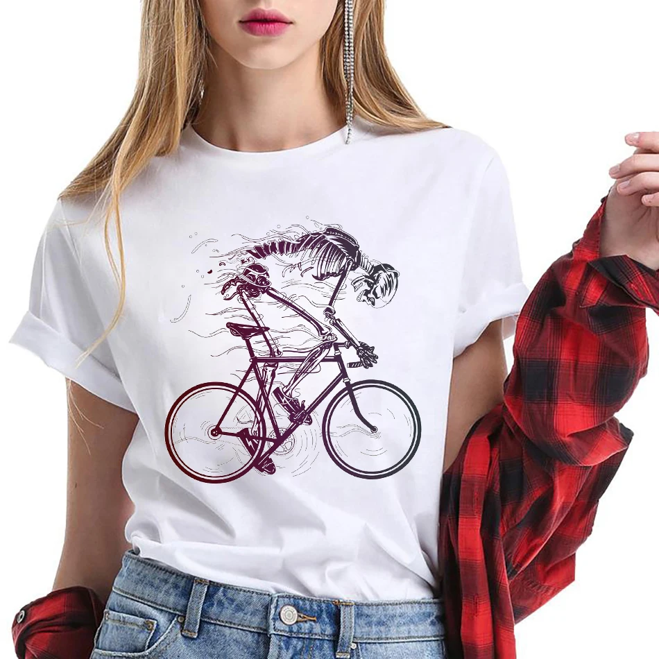 New Fashion Women O-Neck Active Bicycle Skull Ride Like Hell Print unisex streetwear white Hip Hop Geek Harajuku T Shirts