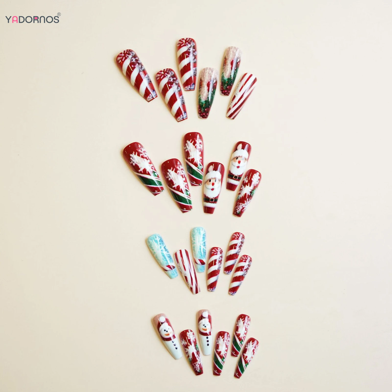 クリスマスパーティー用ロングコフィンフェイクネイル 24個入り 赤いストライププリントのプレスオンネイル サンタ/雪だるま/雪の結晶デザイン付き
