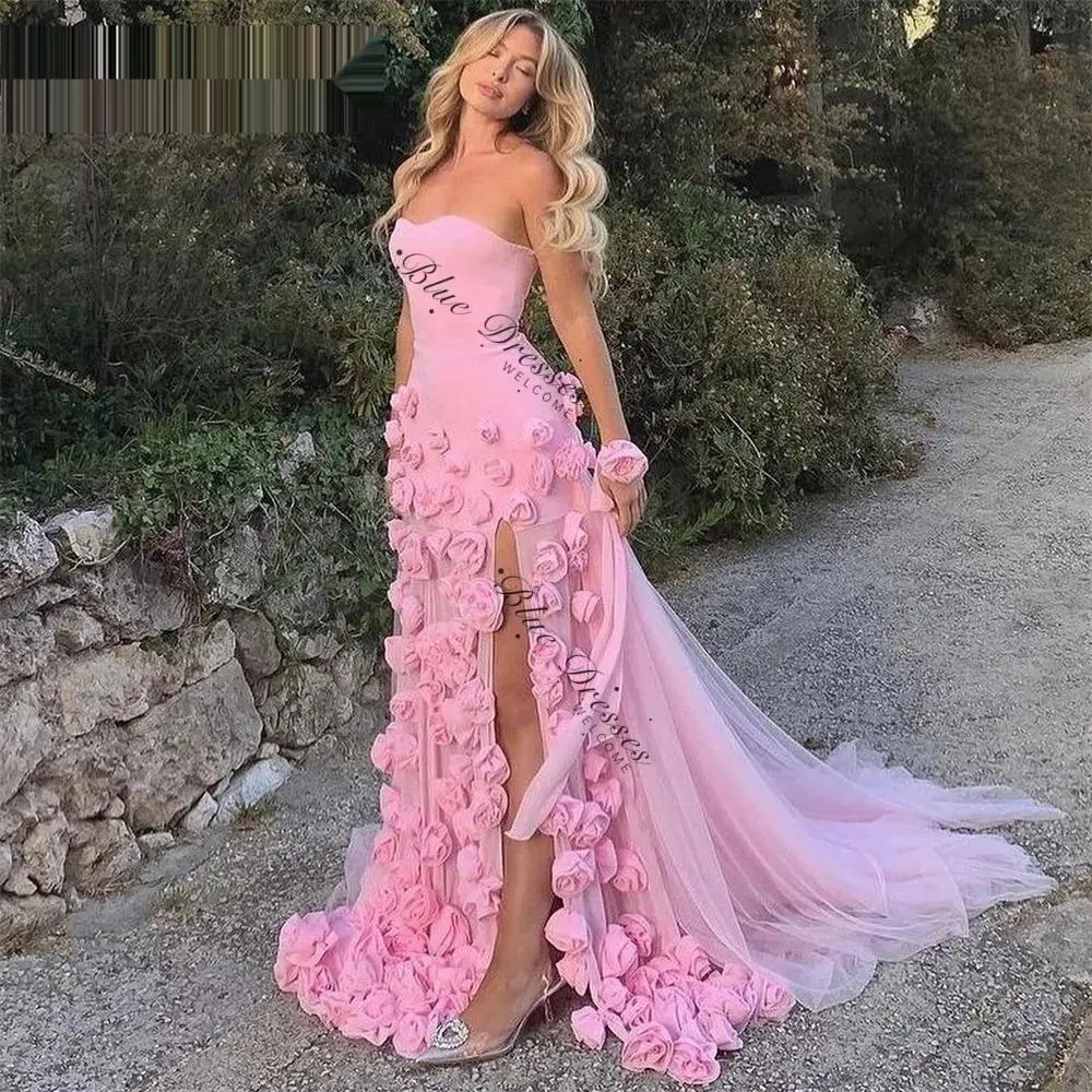 

customized Pink Mermaid Charming Prom Dress 3D Flower Formal Gown Sleevesless Evening Gown with Side Slit vestidos de noche