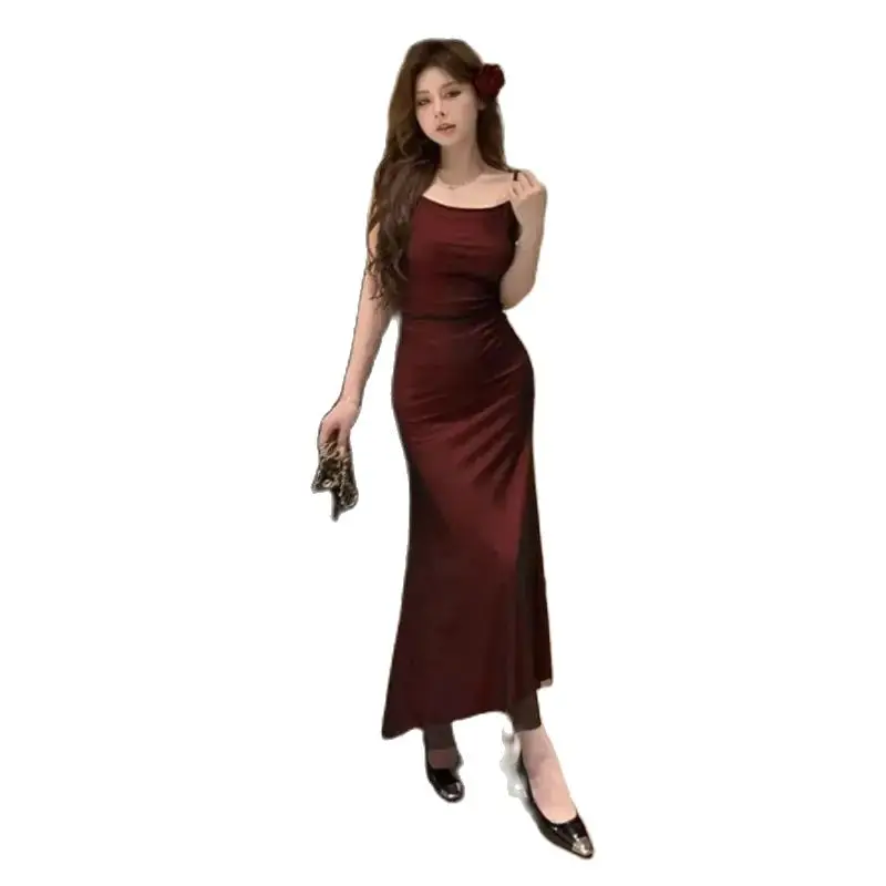 Sexy Spicy Girl Mesh Spaghetti Strap Long Dress Summer Temperament Waist Slim Wrapped Sleeveless Party Dresses Femme