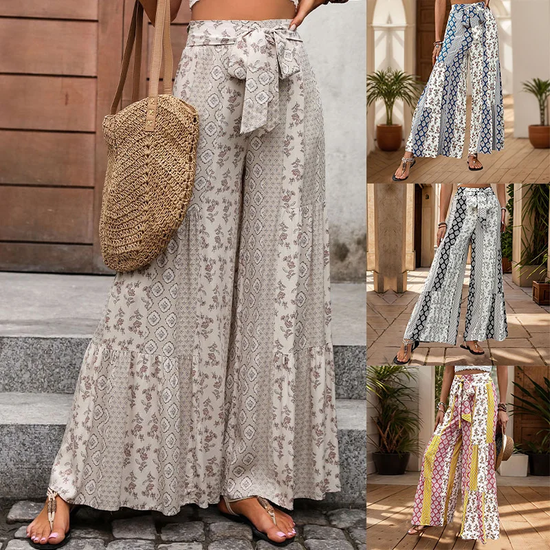 

New Summer European And American Vacation Style Geometric Floral Print Wide Leg Pants With Tie Waist For Women