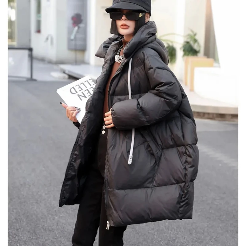 Chaquetas de plumón con capucha de longitud media para mujer, abrigos acolchados sueltos informales, chaquetas gruesas y cálidas a prueba de viento, chaquetas de plumón sólidas